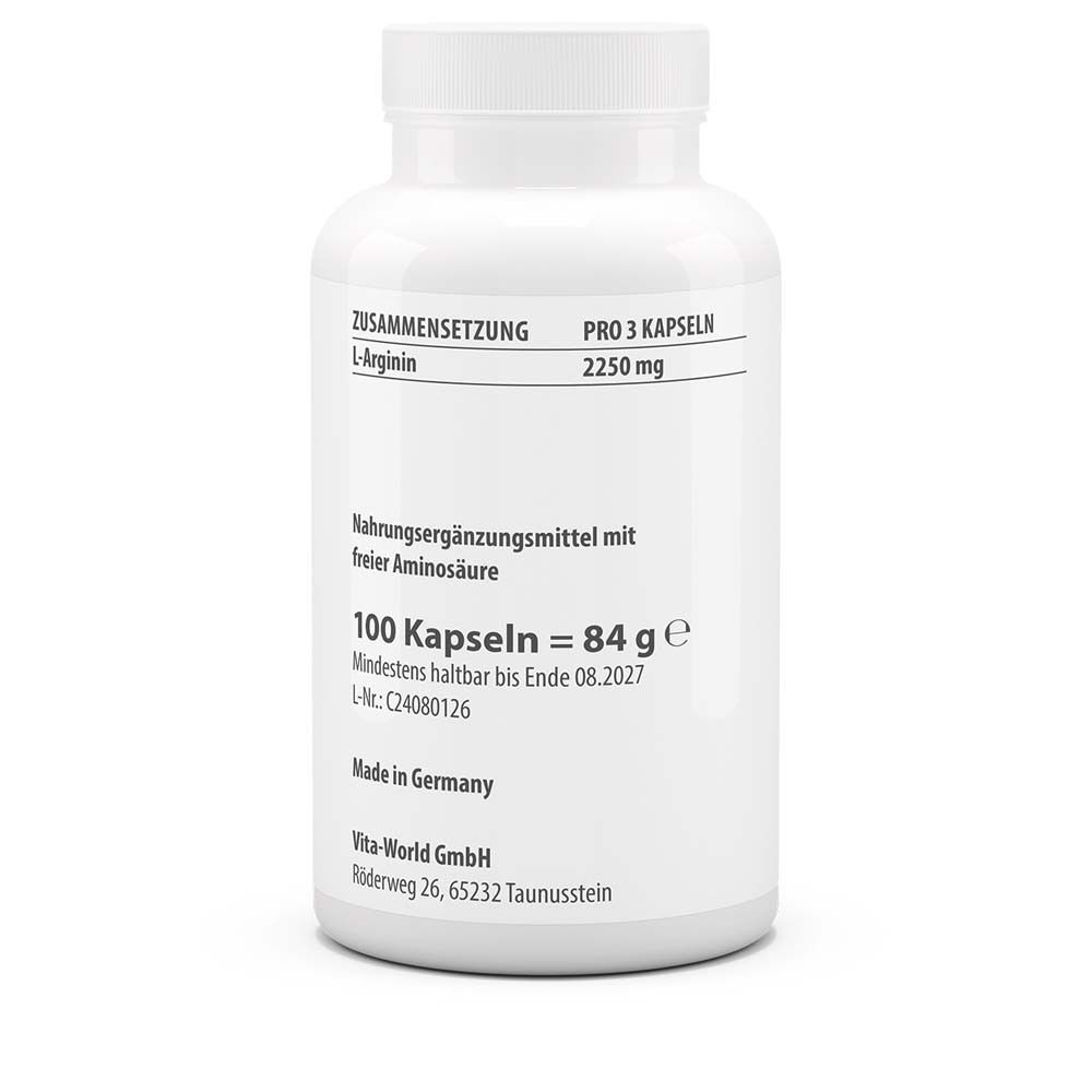 Weiße Flasche mit Kapseln. Aufschrift: 100 Kapseln = 84 g. Mindesthaltbarkeit. Made in Germany.