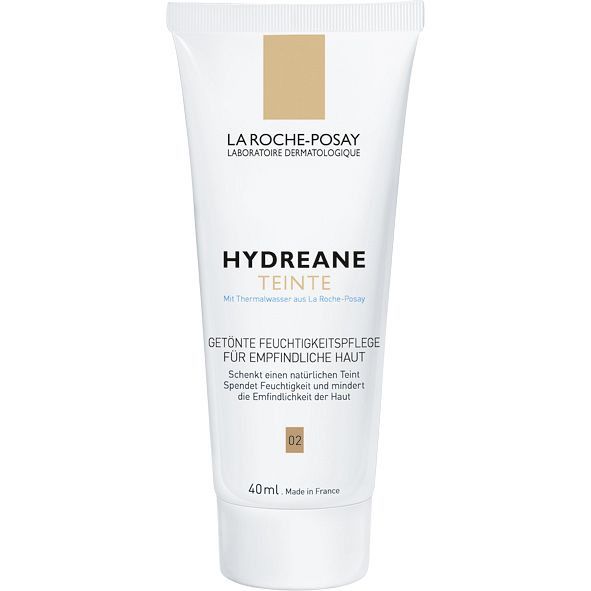 Weiße Tube mit Aufschrift HYDREANE TEINTE. Farbton 02. 40 ml. Marke La Roche-Posay.