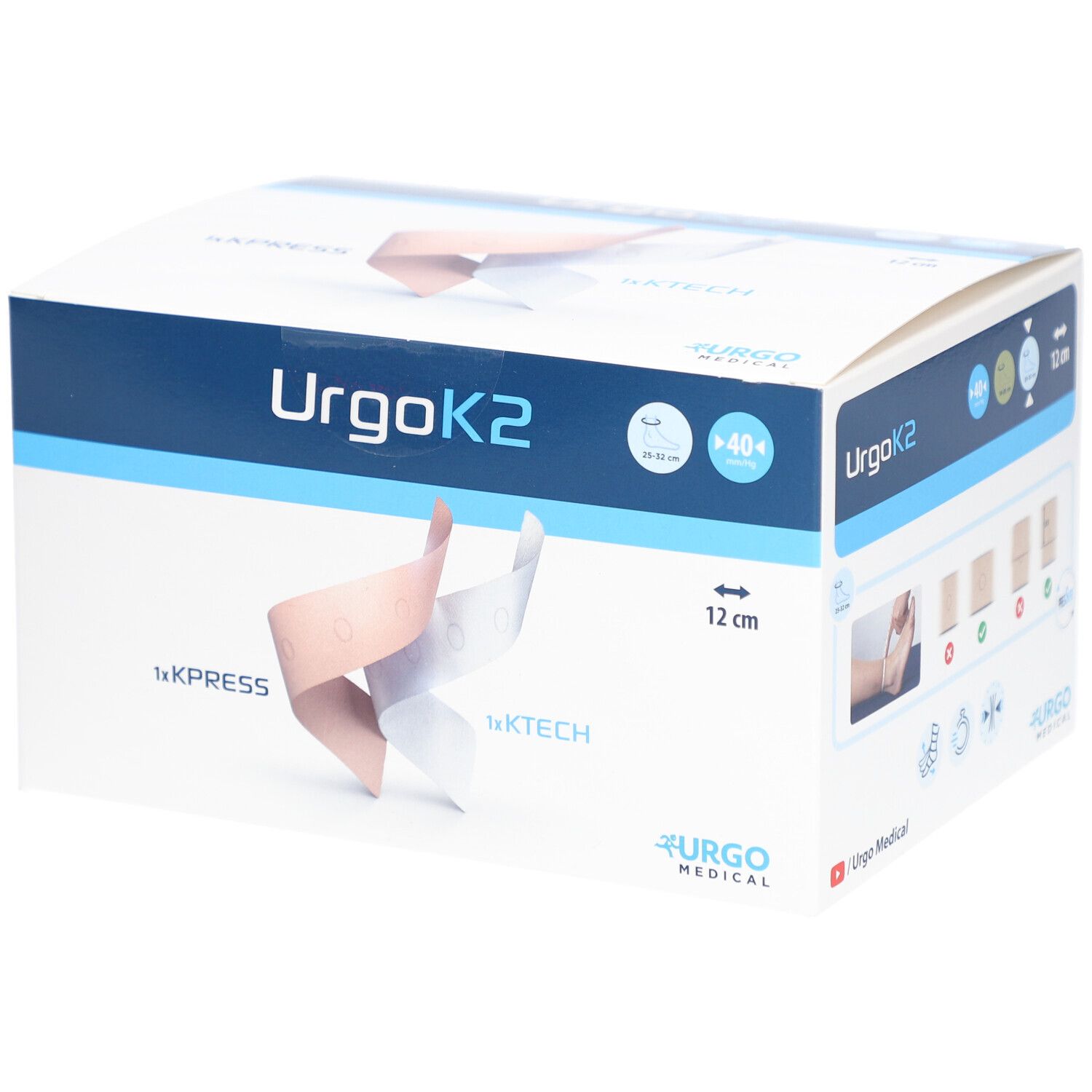 Verpackung von UrgoK2. Zeigt ein Pflaster, 12 cm. Enthält KPress und KTech. Urgo Medical Logo.
