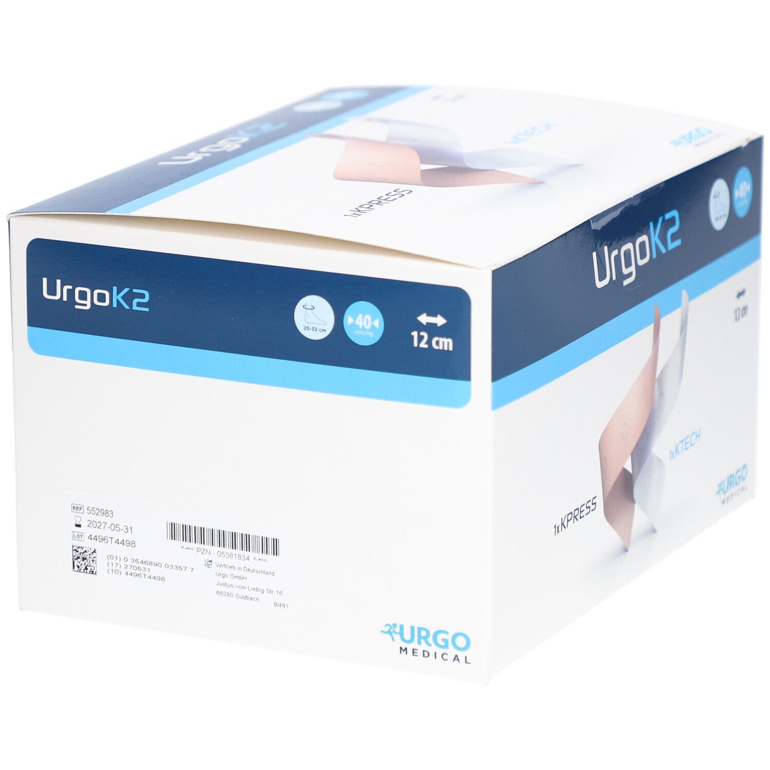 Verpackung von UrgoK2. Zeigt ein Pflaster, 12 cm. Enthält KPress und KTech. Urgo Medical Logo.