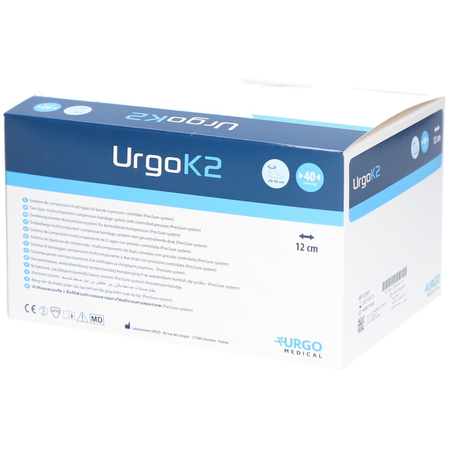 Verpackung von UrgoK2. Zeigt ein Pflaster, 12 cm. Enthält KPress und KTech. Urgo Medical Logo.