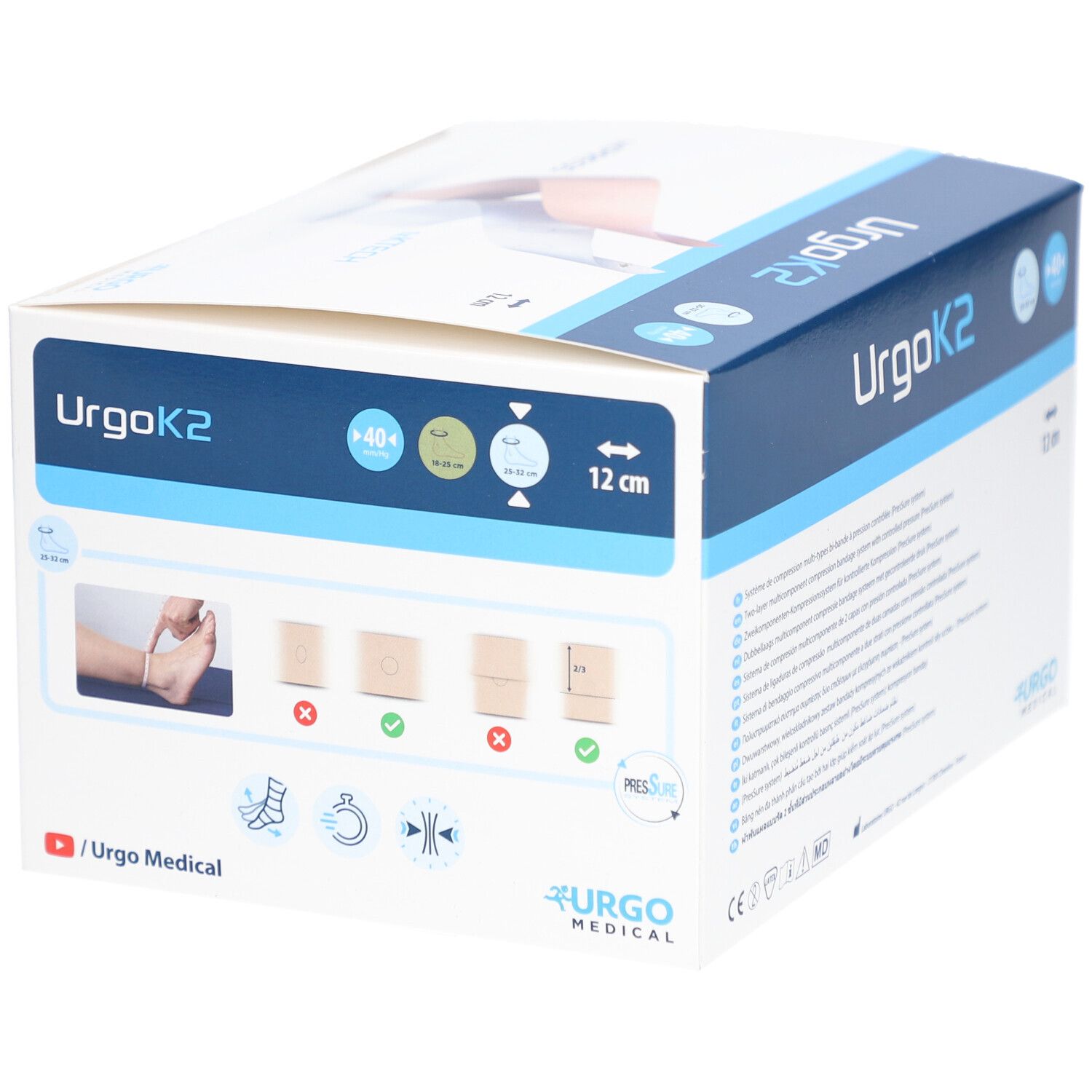Verpackung von UrgoK2. Zeigt ein Pflaster, 12 cm. Enthält KPress und KTech. Urgo Medical Logo.