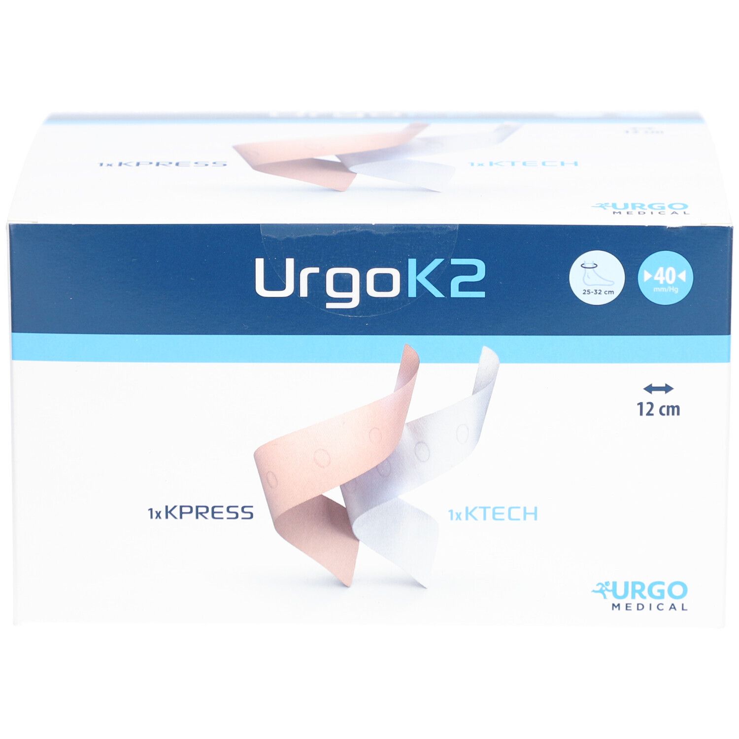 Verpackung von UrgoK2. Zeigt ein Pflaster, 12 cm. Enthält KPress und KTech. Urgo Medical Logo.