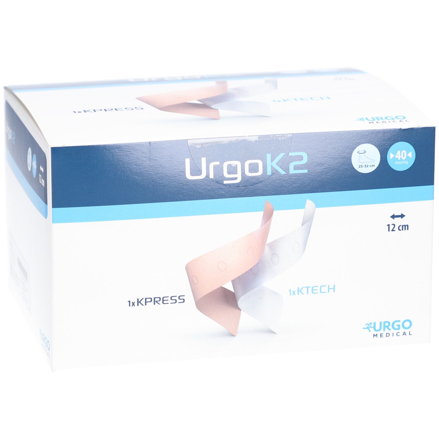 Verpackung von UrgoK2. Zeigt ein Pflaster, 12 cm. Enthält KPress und KTech. Urgo Medical Logo.