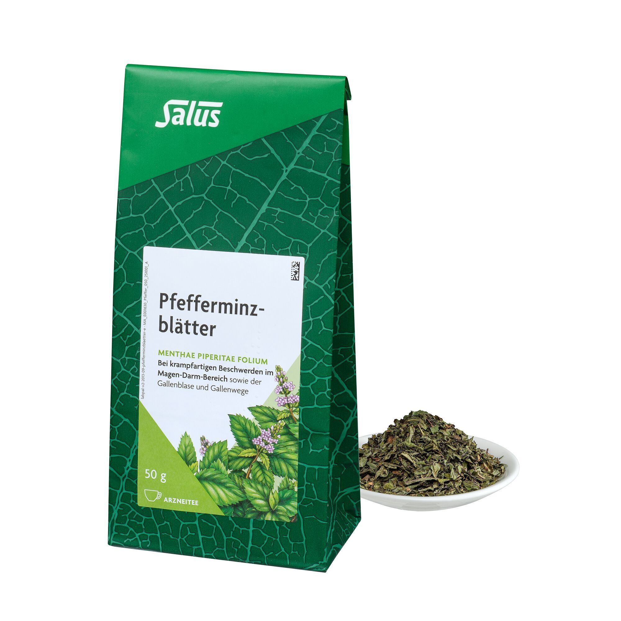 Grüne Verpackung mit Salus-Logo und Pfefferminzblätter-Aufdruck. 50g Packung. Bio-Siegel.
