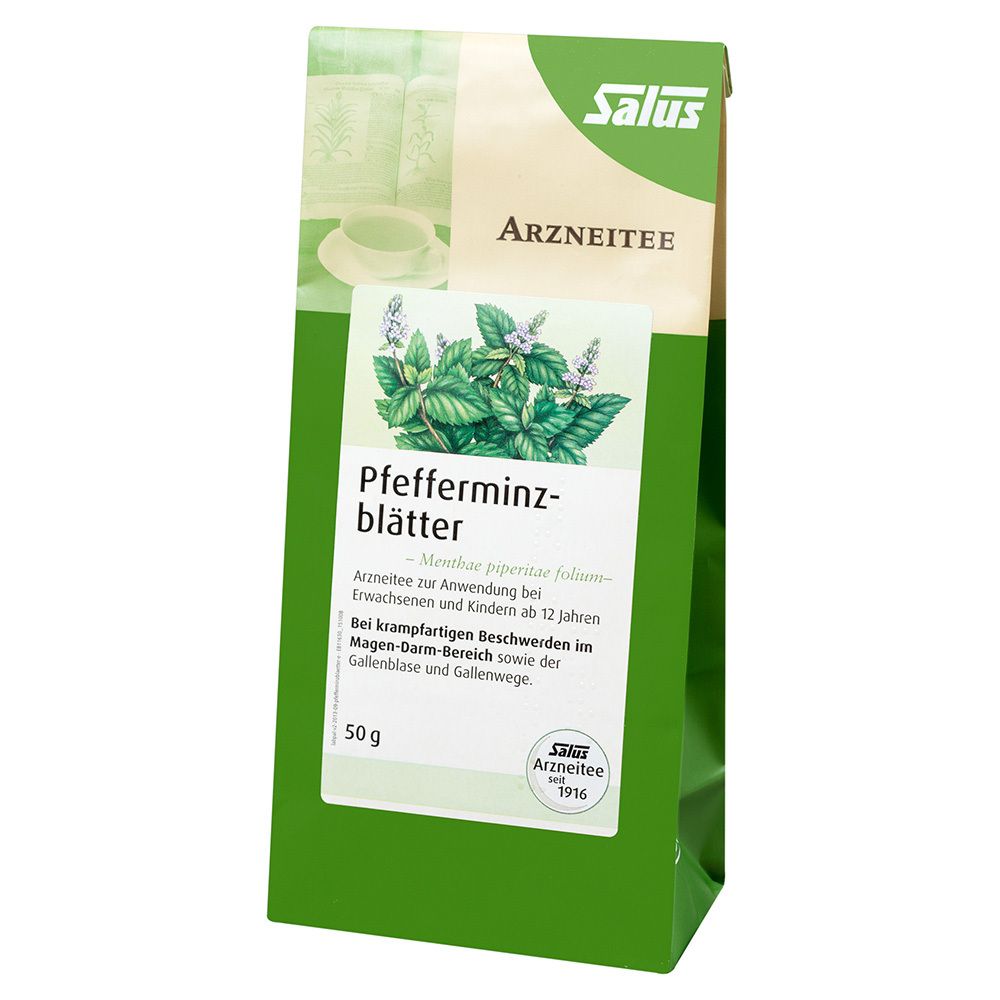 Verpackung mit Salus-Logo und Pfefferminzblätter-Aufdruck. 50g Packung. Arzneitee-Label.