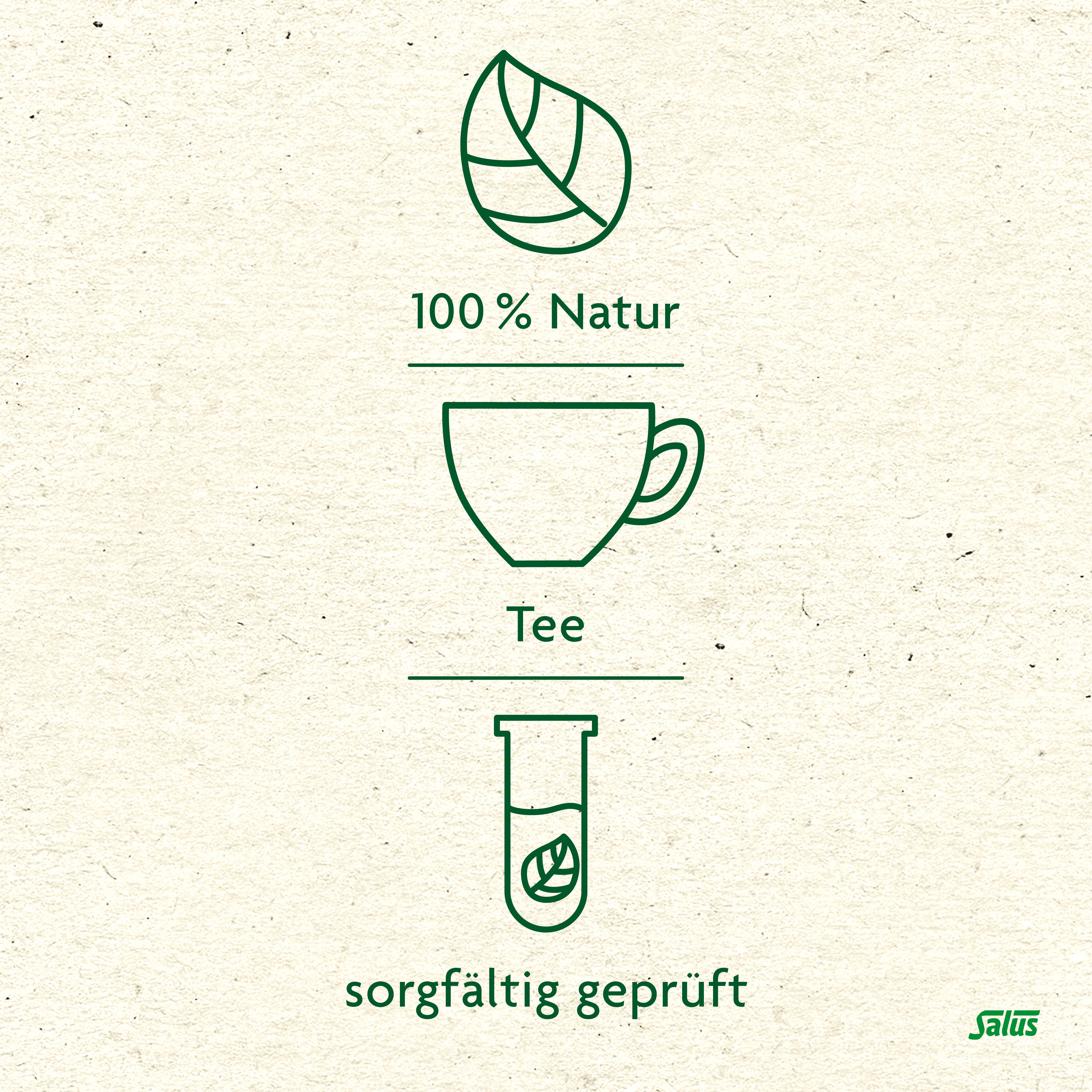 Grafik mit Icons: Blatt, Tasse, Reagenzglas. Text: 100% Natur, Tee, sorgfältig geprüft. Salus-Logo.