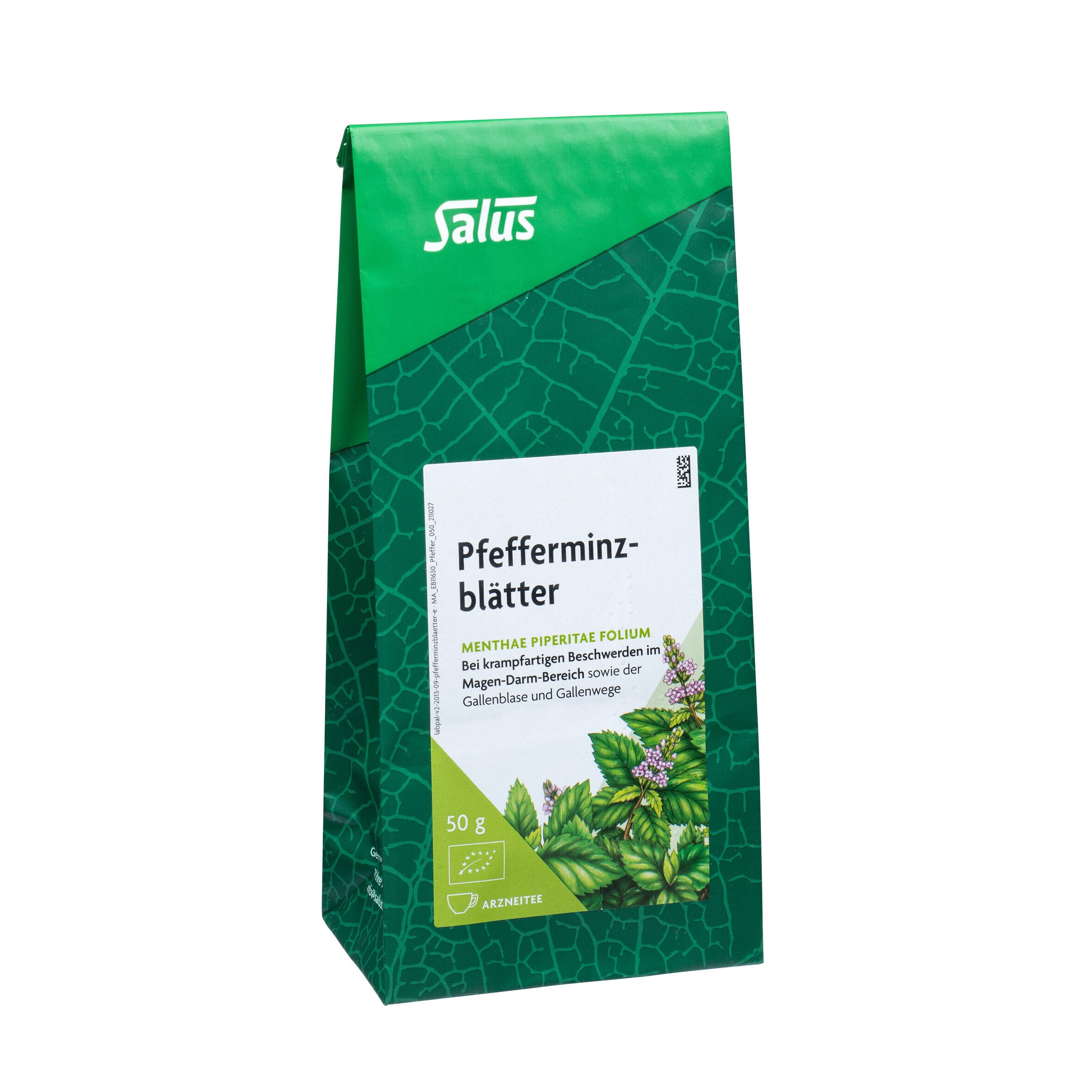 Grüne Verpackung mit Salus-Logo und Pfefferminzblätter-Aufdruck. 50g Packung. Bio-Siegel.