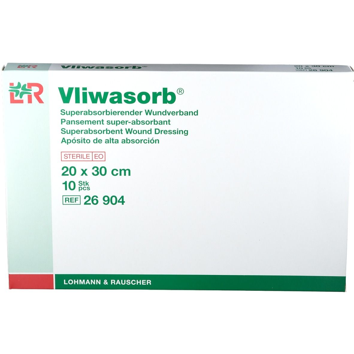 Verpackung mit Verbandsmaterial. Aufschrift: Vliwasorb, 20 x 30 cm, 10 Stück. Logo: Lohmann & Rauscher.