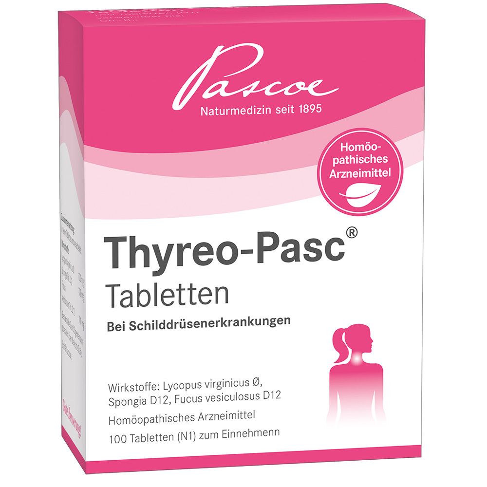 Rosa Schachtel mit "Thyreo-Pasc® Tabletten". Enthält 100 Tabletten. Aufschrift: Bei Schilddrüsenerkrankungen. Logo: Pascoe Naturmedizin.