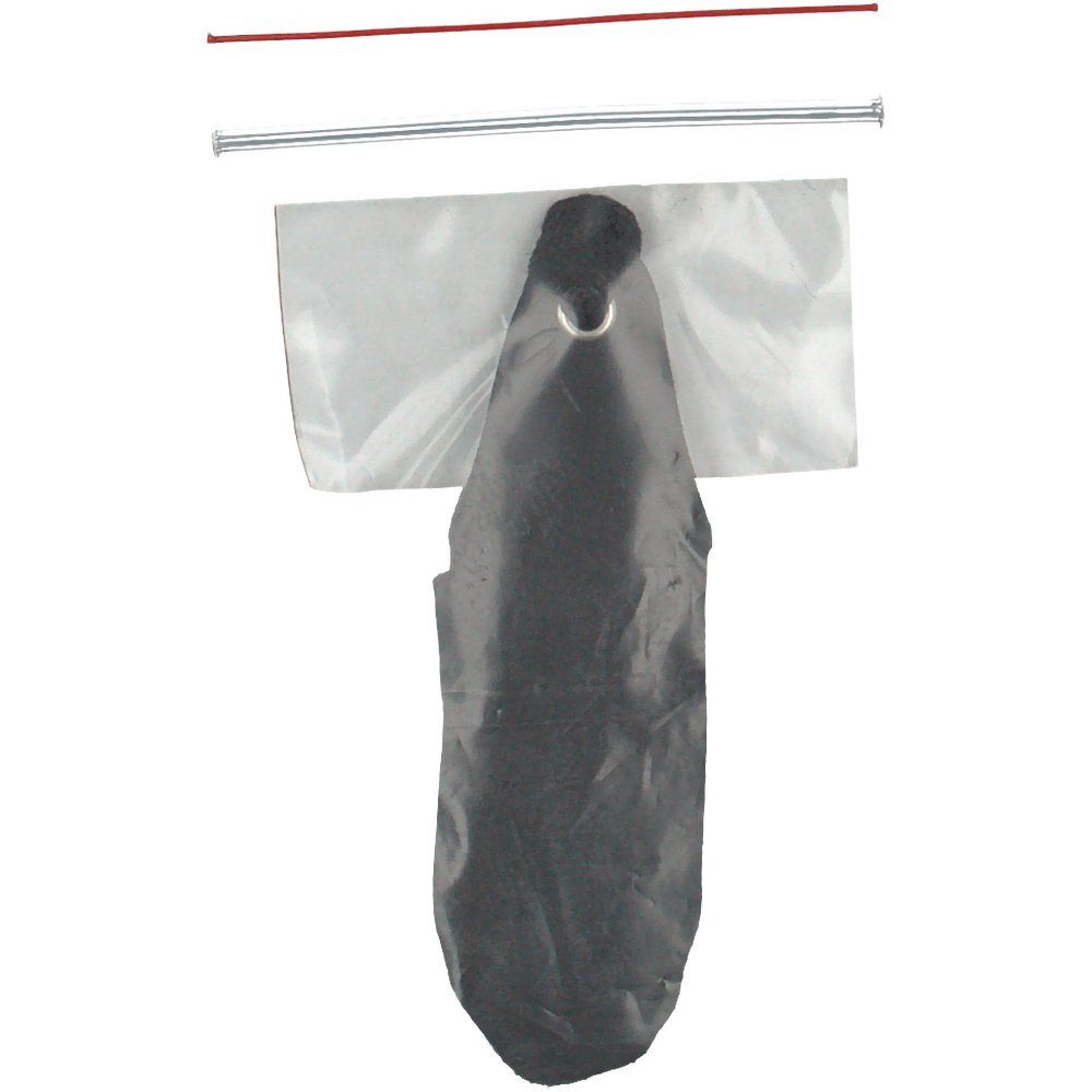 Schwarzes Leder mit Bindeband, in Plastikbeutel. Enthält Metallstäbe und rotes Band.