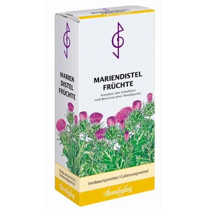 Weißer Karton mit Mariendistel-Früchte-Aufdruck. Logo und Abbildung der Pflanze. Gelber Streifen unten. Marke Bombastus.