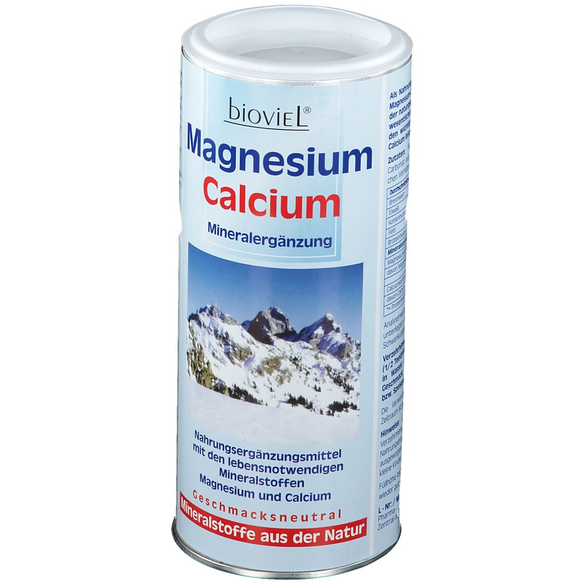 Zylindrische Dose mit "Bioviel Magnesium Calcium"-Aufdruck. Abbildung von Bergen. Dose mit weißem Deckel.