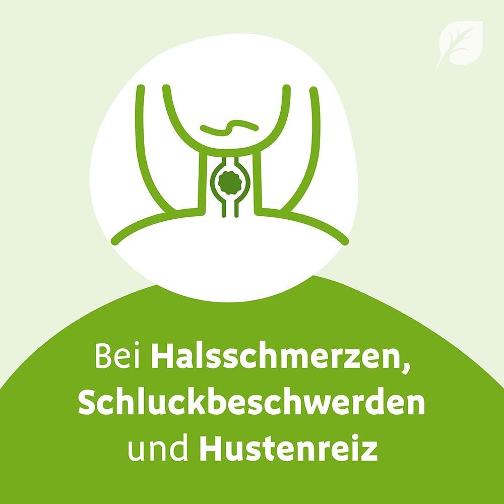 Grafik: Hals mit Halsschmerzen, Schluckbeschwerden und Hustenreiz. Grüner Hintergrund mit Blatt-Logo.