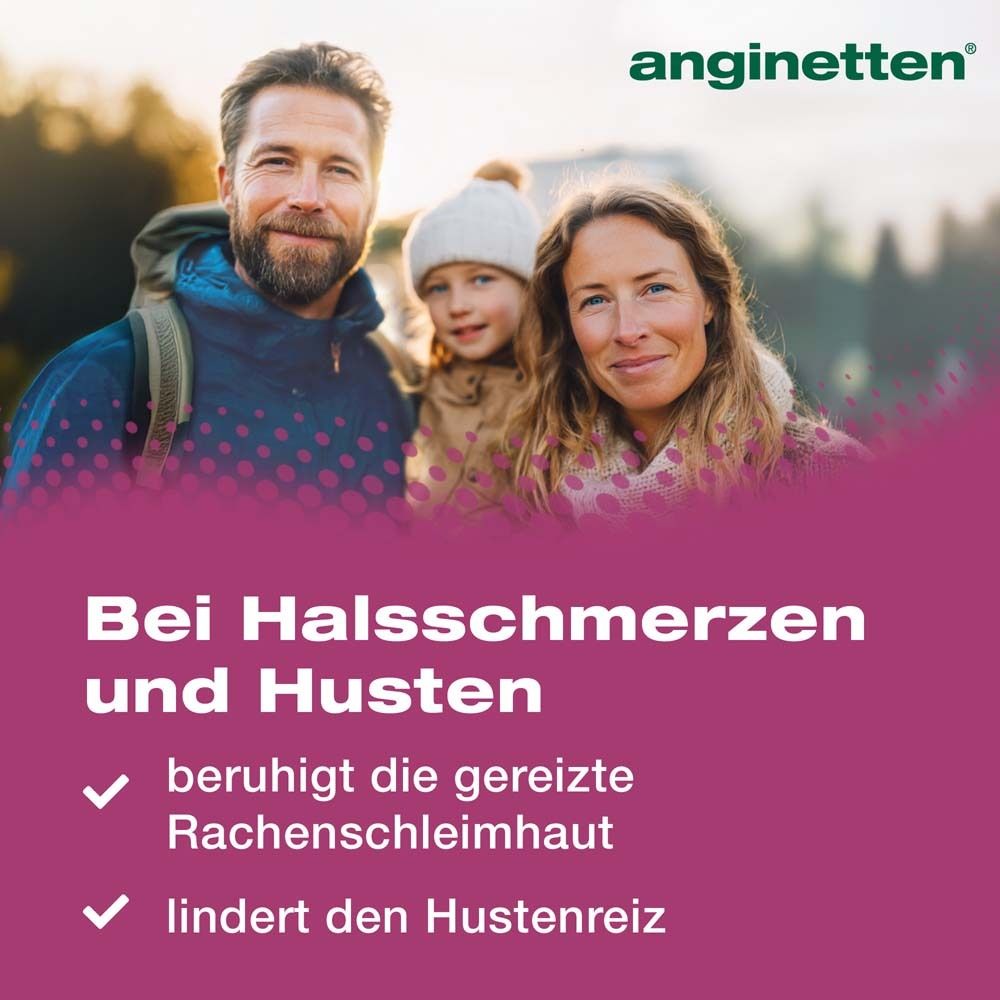 Familie im Freien. Text: Bei Halsschmerzen und Husten. Beruhigt die gereizte Rachenschleimhaut. Lindert den Hustenreiz.