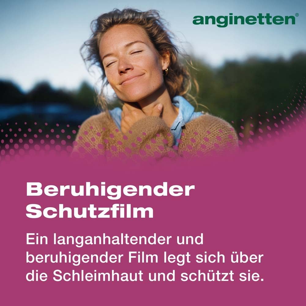 Frau mit geschlossenen Augen, berührt ihren Hals. Text: Beruhigender Schutzfilm. Ein Film legt sich über die Schleimhaut.