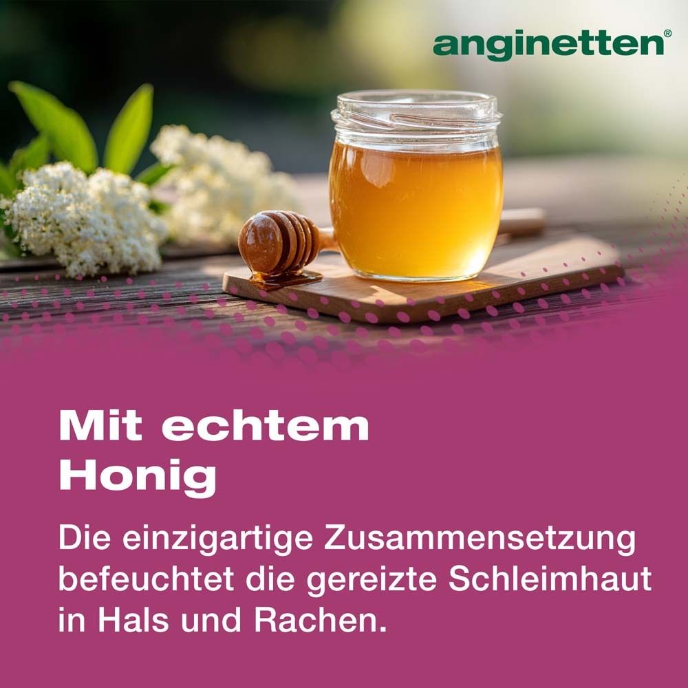 Honig im Glas mit Löffel. Text: Mit echtem Honig. Die Zusammensetzung befeuchtet die gereizte Schleimhaut.