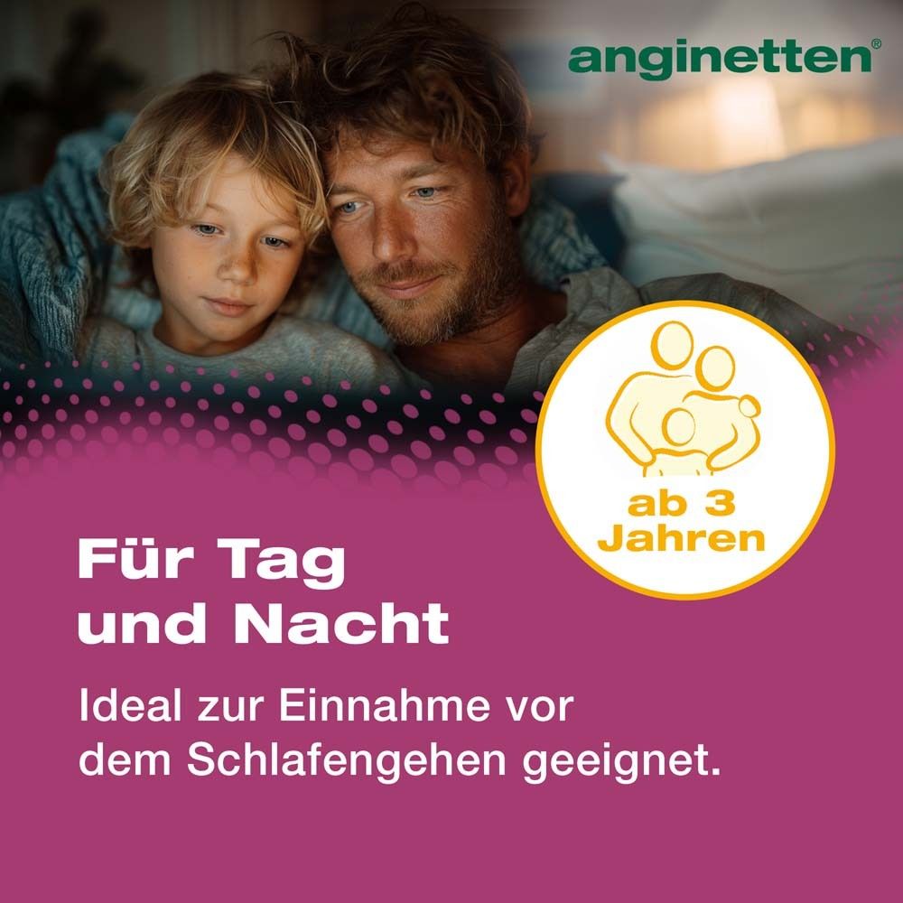 Vater und Kind im Bett. Text: Für Tag und Nacht. Ideal zur Einnahme vor dem Schlafengehen.