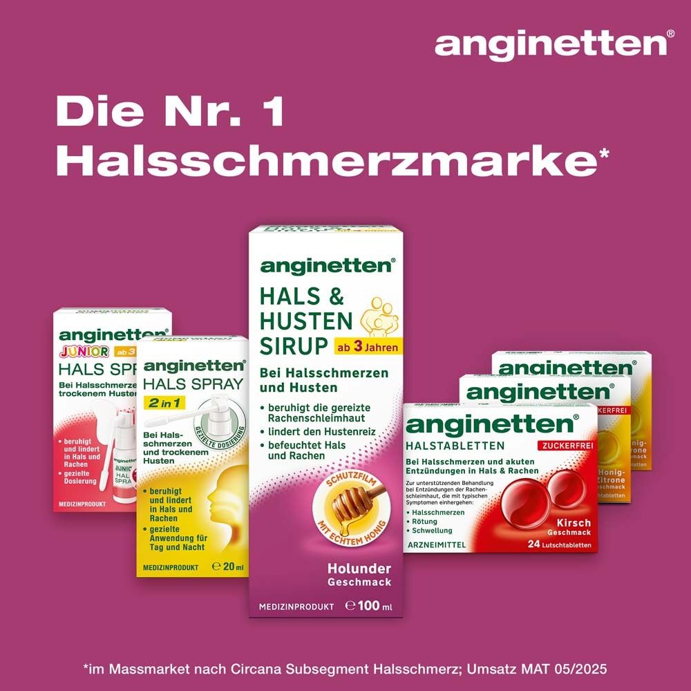 Verschiedene Anginetten Produkte. Text: Die Nr. 1 Halsschmerzmarke. Produkte: Sirup, Halstabletten, Spray.