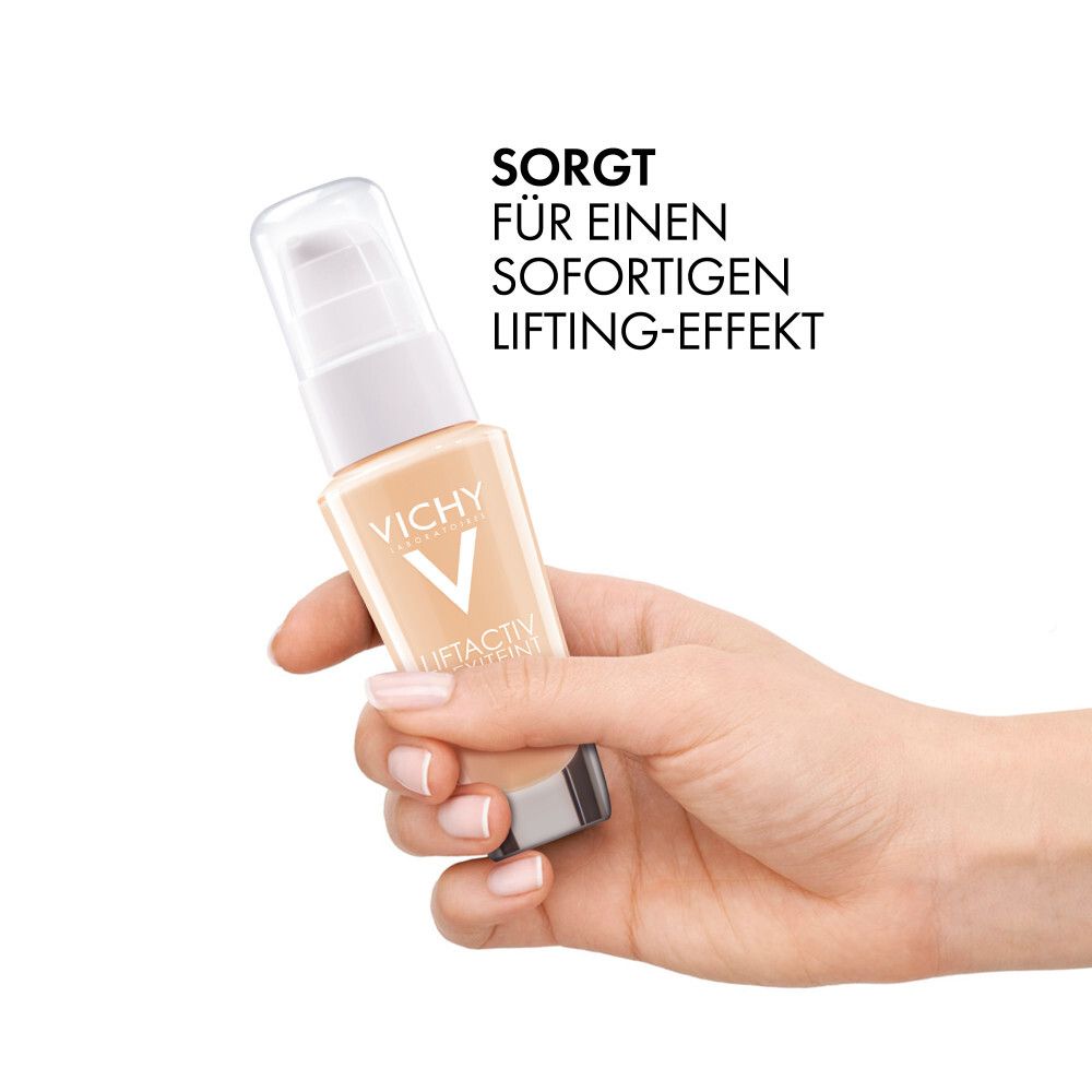 Hand hält Vichy Liftactiv Flexilift Teint. Text: Sorgt für einen sofortigen Lifting-Effekt.