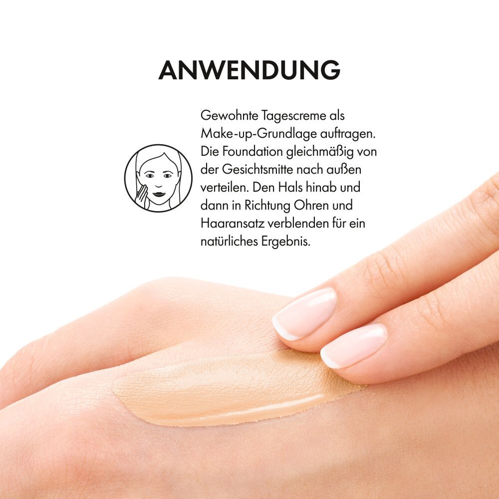Anwendungshinweis. Hand mit Foundation. Text: Make-up-Grundlage auftragen, gleichmäßig verteilen, Hals, Ohren, Haaransatz.