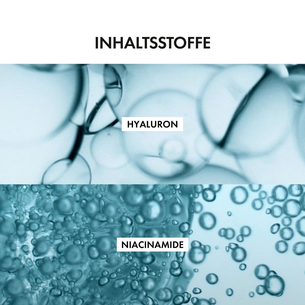 Nahaufnahme von Wasserblasen. Text: Hyaluron, Niacinamid.