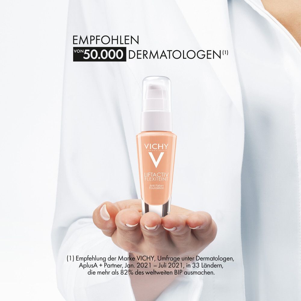 Vichy Liftactiv Flexilift Teint 55 Bronze. Foundation in Hand. Text: Empfohlen von 50.000 Dermatologen.