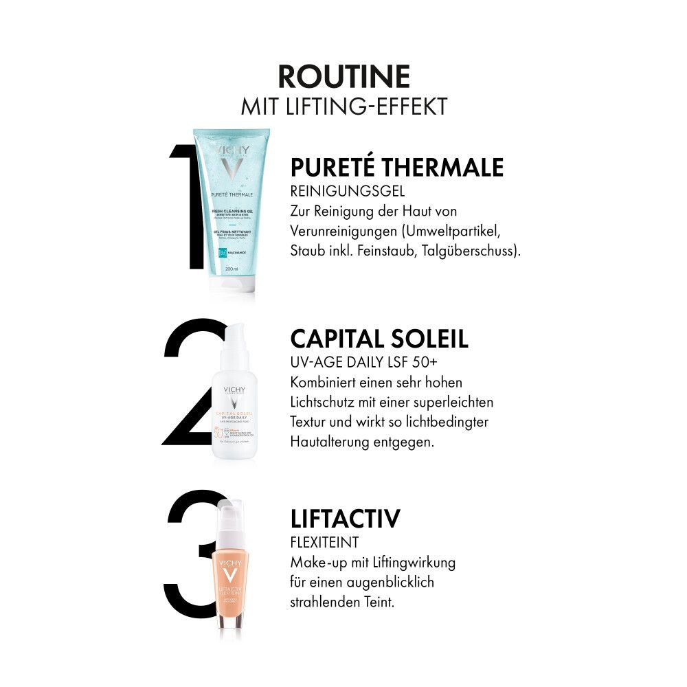 Routine mit Lifting-Effekt. Produkte: Reinigungsgel, UV-Age Daily LSF 50+, Liftactiv Flexilift Teint.