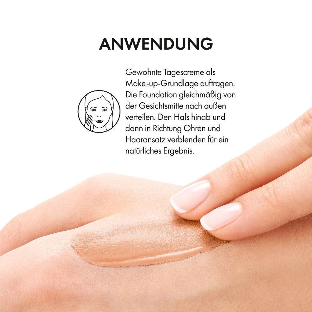 Anwendung von Foundation. Hand mit Foundation. Text: Anwendungshinweise.