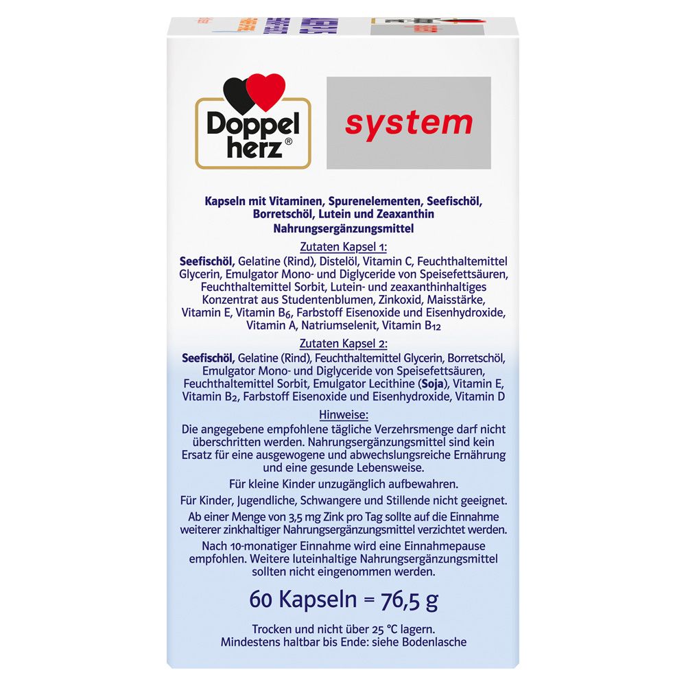 Seite der Doppelherz® system AUGEN PLUS Packung. Auflistung der Inhaltsstoffe. 60 Kapseln = 76,5 g. Trocken lagern.