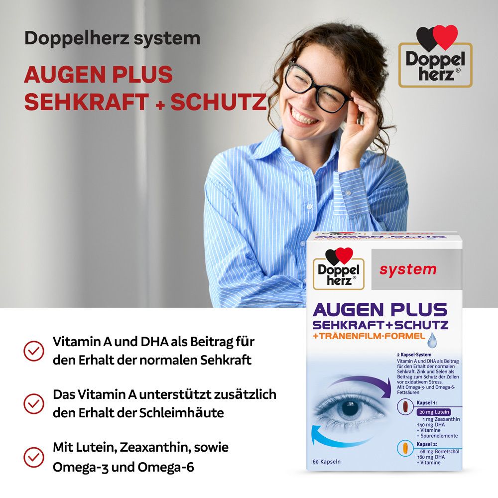Frau mit Brille und Doppelherz® system AUGEN PLUS Packung. Produktinformationen und Vorteile.