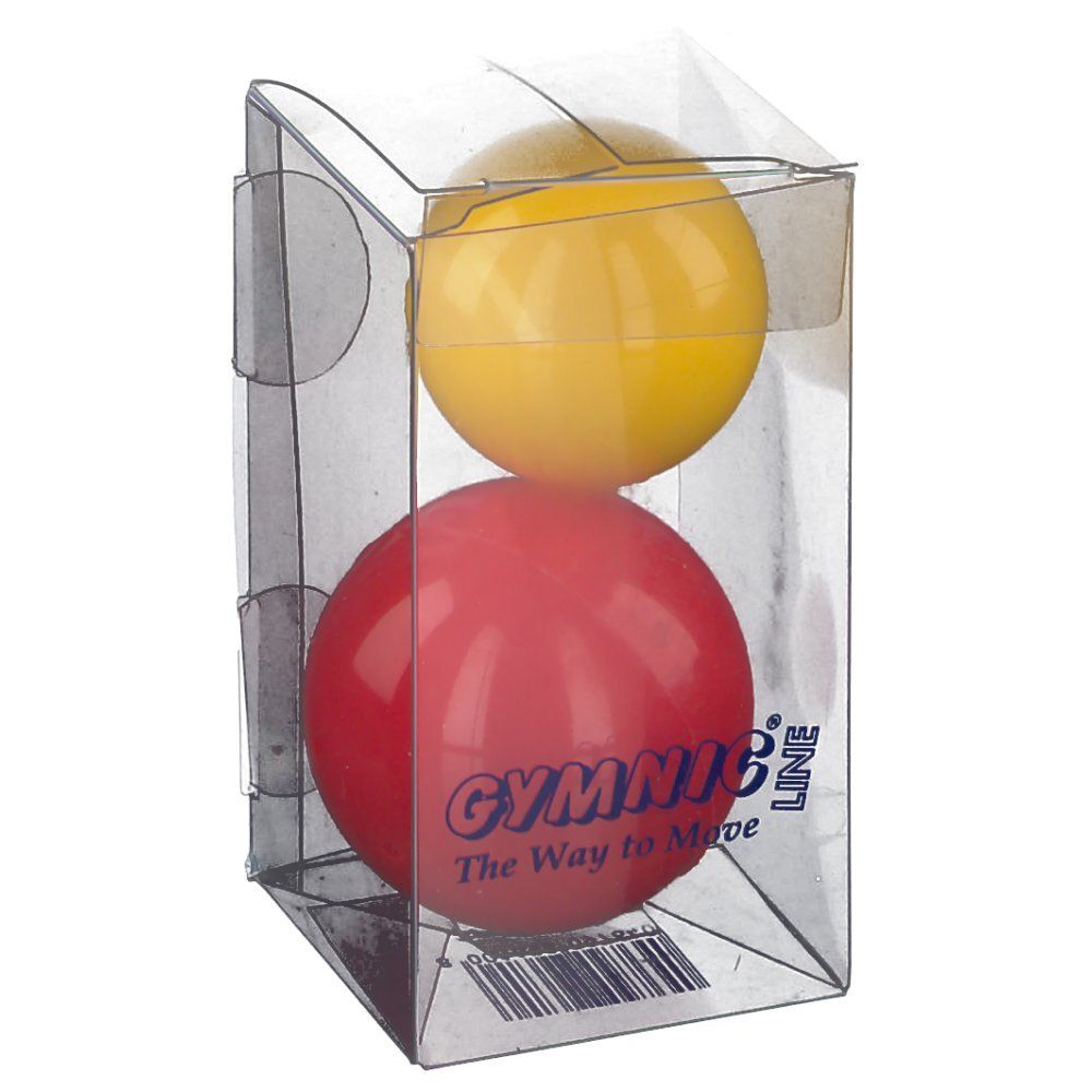 Zwei Gymnic-Bälle in einer transparenten Verpackung. Ein gelber Ball liegt über einem roten Ball. Auf der Verpackung steht "GYMNIC Line".