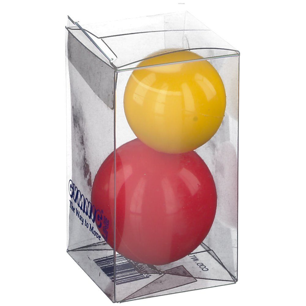 Zwei Gymnic-Bälle in einer transparenten Verpackung. Ein gelber Ball liegt über einem roten Ball. Auf der Verpackung steht "GYMNIC Line".