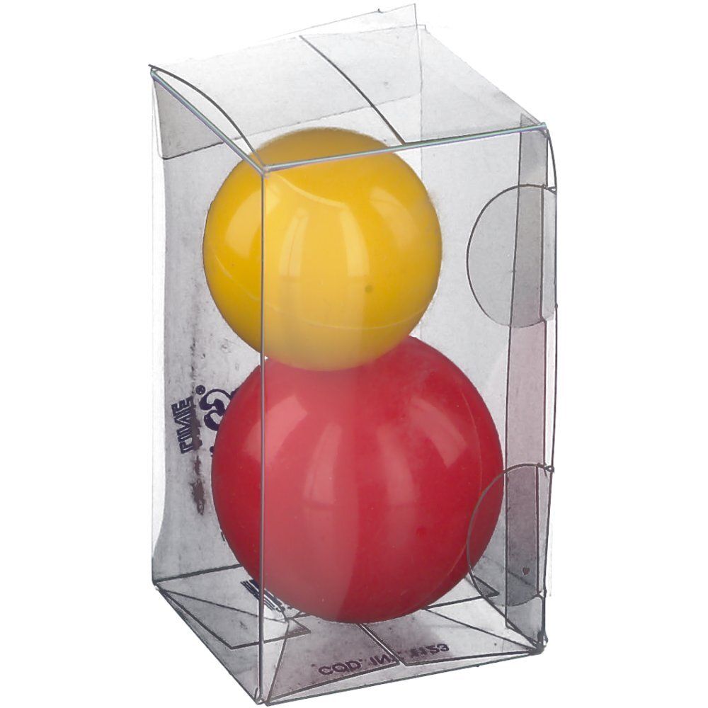 Zwei Gymnic-Bälle in einer transparenten Verpackung. Ein gelber Ball liegt über einem roten Ball. Auf der Verpackung steht "GYMNIC Line".