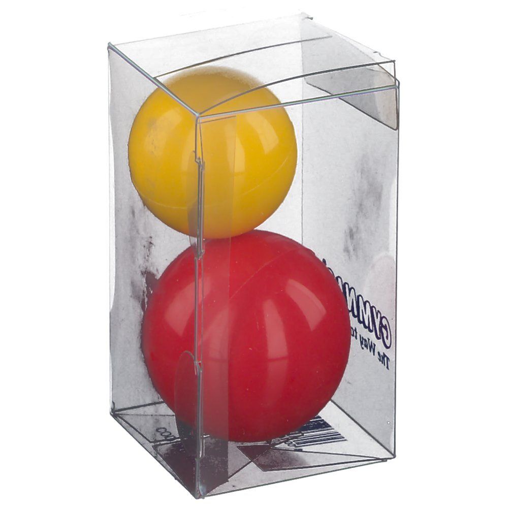 Zwei Gymnic-Bälle in einer transparenten Verpackung. Ein gelber Ball liegt über einem roten Ball. Auf der Verpackung steht "GYMNIC Line".