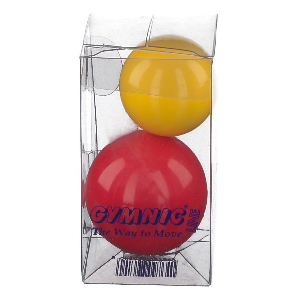 Zwei Gymnic-Bälle in einer transparenten Verpackung. Ein gelber Ball liegt über einem roten Ball. Auf der Verpackung steht "GYMNIC Line".