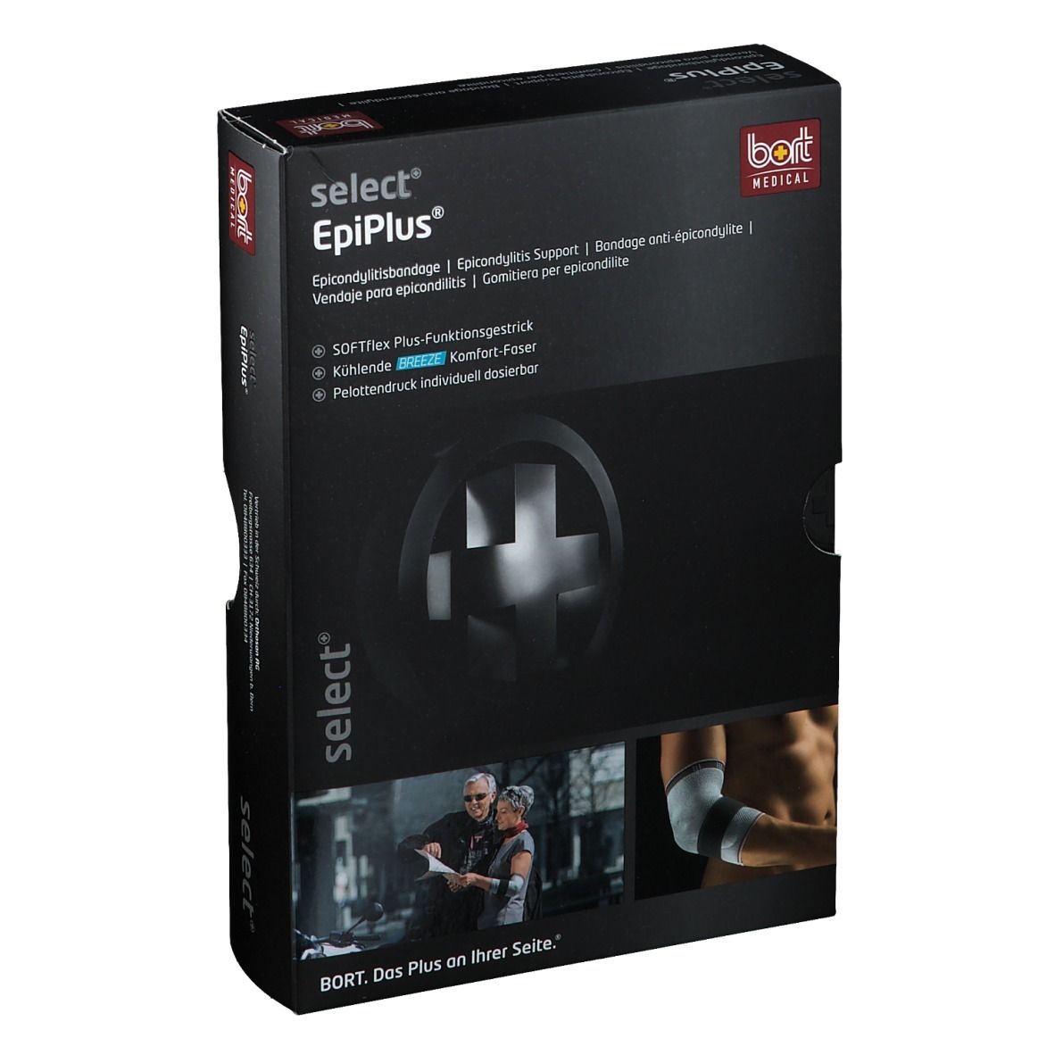 Schwarzer Karton mit Produktinformationen. Aufschrift: select EpiPlus, BORT MEDICAL. Abbildung eines Armes mit Bandage.
