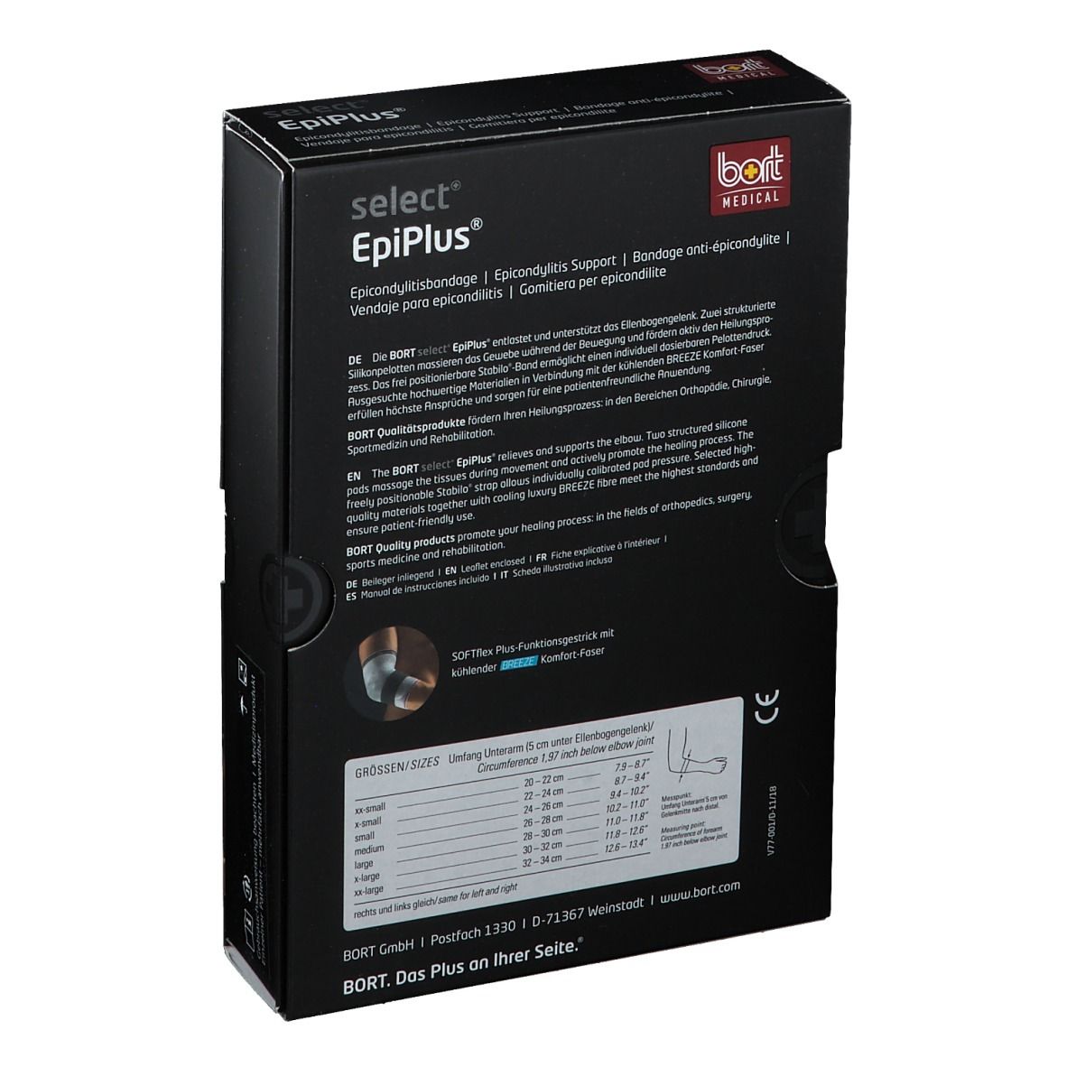 Rückseite der Produktverpackung. Aufschrift: select EpiPlus, BORT MEDICAL. Informationen, Größenangaben und CE-Zeichen.