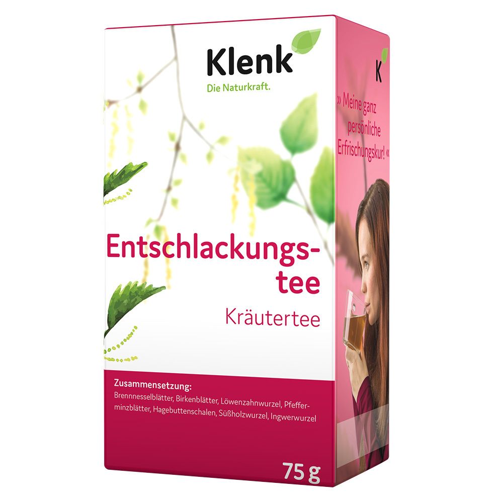 Klenk Entschlackungstee Kräutertee-Packung. Rosa-weiß, mit Blättern und Text. 75g. Frau trinkt Tee.