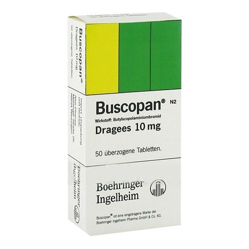 Schachtel mit Buscopan® Dragees 10 mg. Aufschrift: Wirkstoff Butylscopolaminiumbromid, 50 überzogene Tabletten. Logo Boehringer Ingelheim.
