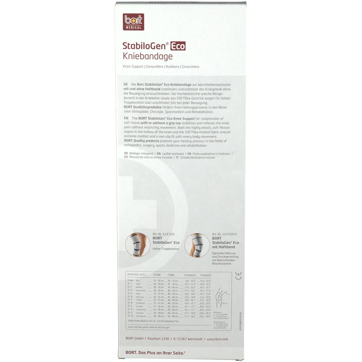 Rückseite der Verpackung der Bort StabiloGen Eco Kniebandage. Text, Produktabbildungen und Größentabelle.