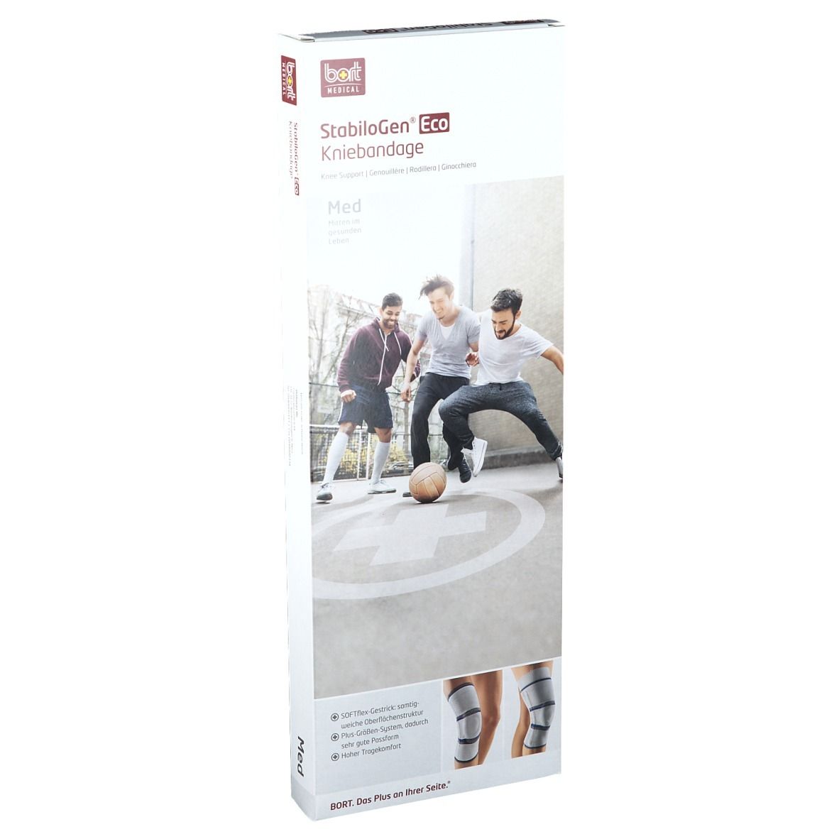Verpackung der Kniebandage StabiloGen Eco. Aufdruck: Produktname, Abbildung der Bandage, spielende Männer.