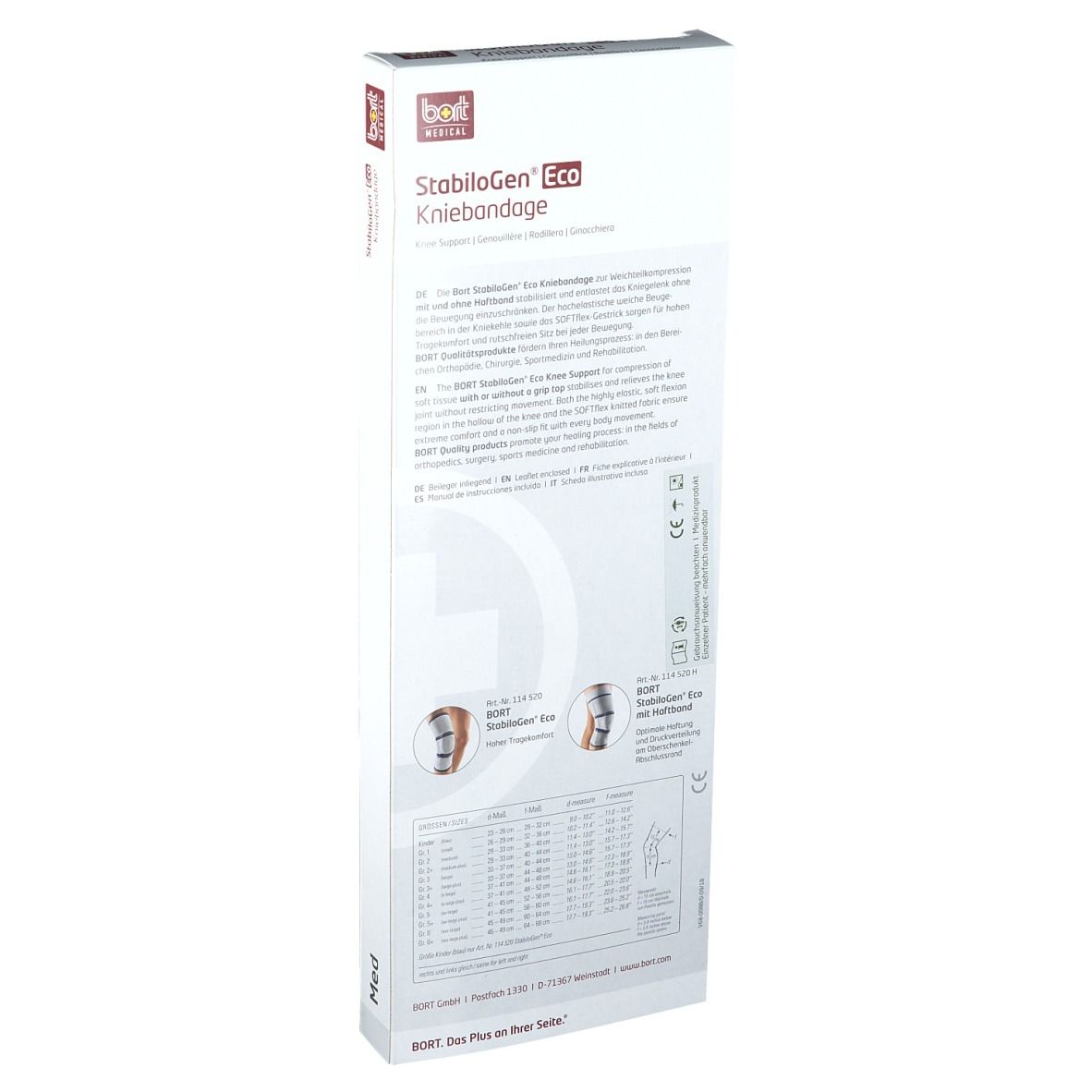 Rückseite der Verpackung der Kniebandage StabiloGen Eco. Text in mehreren Sprachen, Abbildungen der Bandage, Größenangaben.
