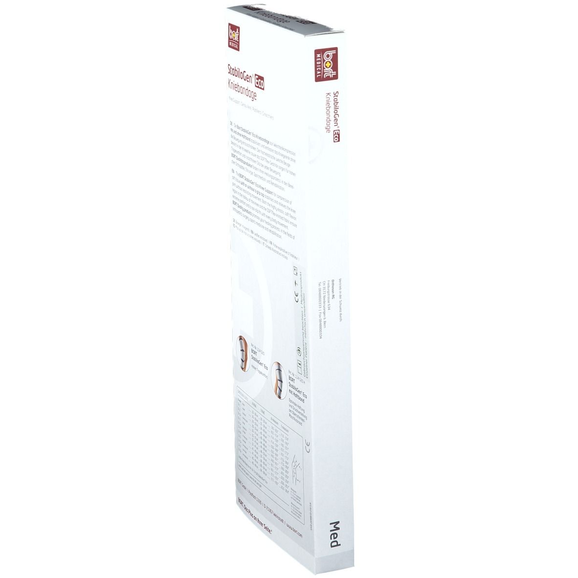Verpackung der Kniebandage StabiloGen Eco. Rückseite mit Text und Größenangaben. Seitenansicht.