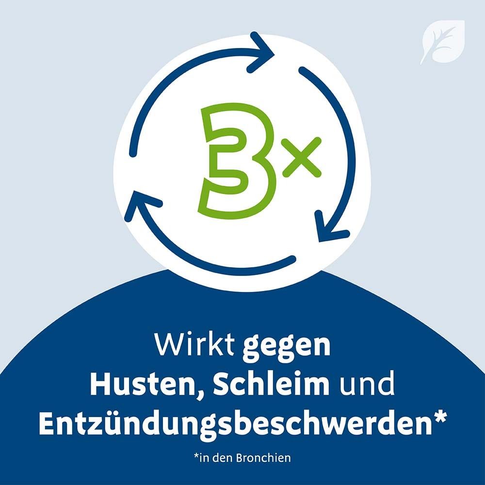 Kreis mit Pfeilen und Text: Wirkt gegen Husten, Schleim und Entzündungsbeschwerden.