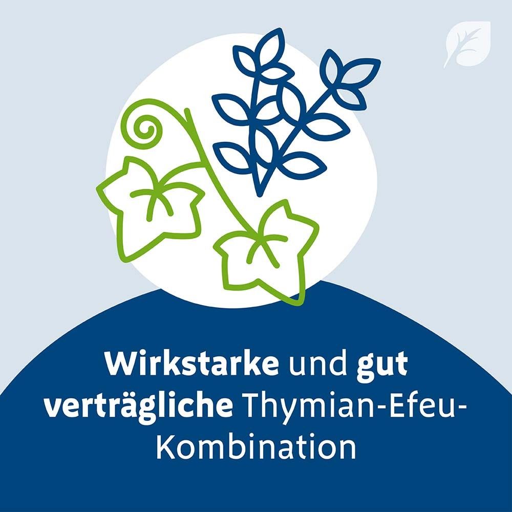 Blätter-Illustration. Text: Wirkstarke und gut verträgliche Thymian-Efeu-Kombination.