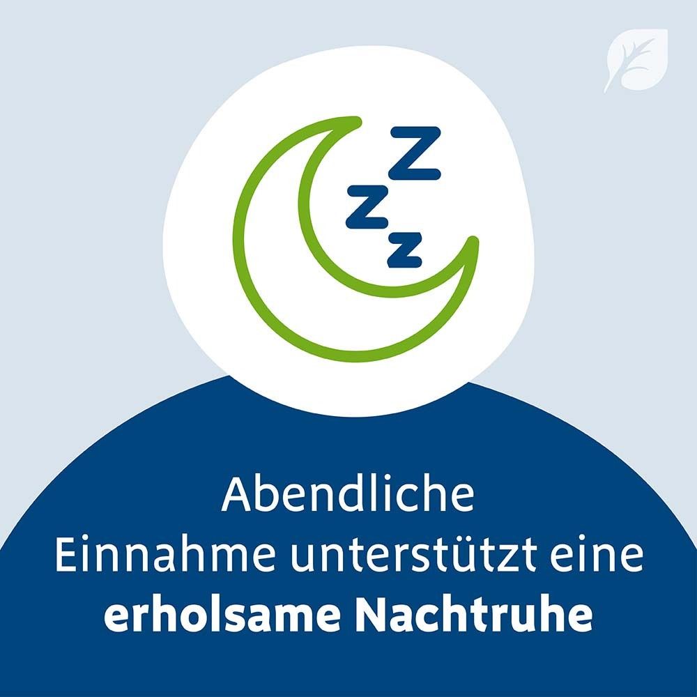 Mond-Symbol. Text: Abendliche Einnahme unterstützt eine erholsame Nachtruhe.