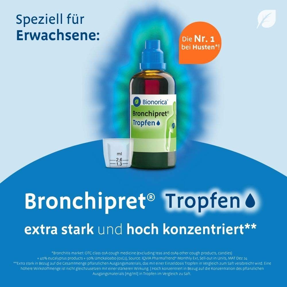 Flasche und Messbecher. Aufschrift: Bronchipret® Tropfen. Text: extra stark und hoch konzentriert.