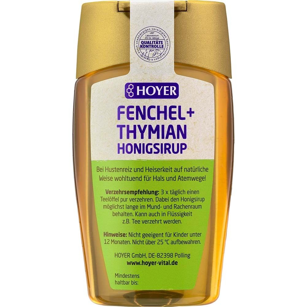 HOYER Fenchel + Thymian Honigsirup. Flasche mit goldfarbenem Deckel. Produktetikett mit Text. Qualitätskontrolle-Siegel.