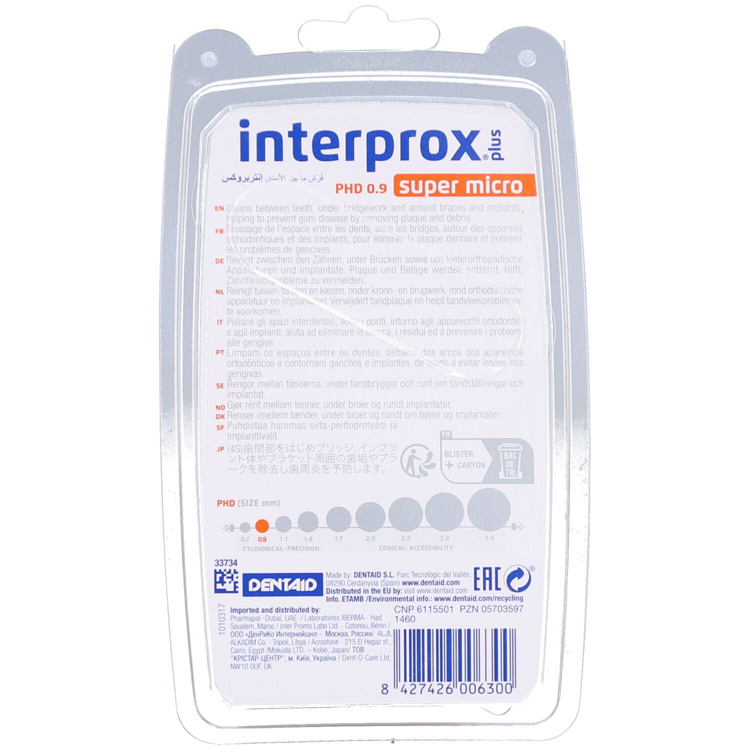 Rückseite der Verpackung mit Produktinformationen. Text in mehreren Sprachen. Logo "DENTAID".